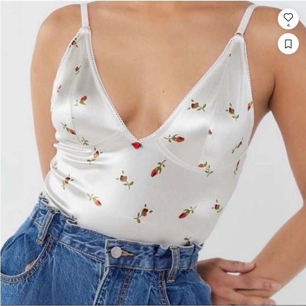 Out From Under Urban Outfitters Satin Rose Bodysuit S White Red Coquette Floral